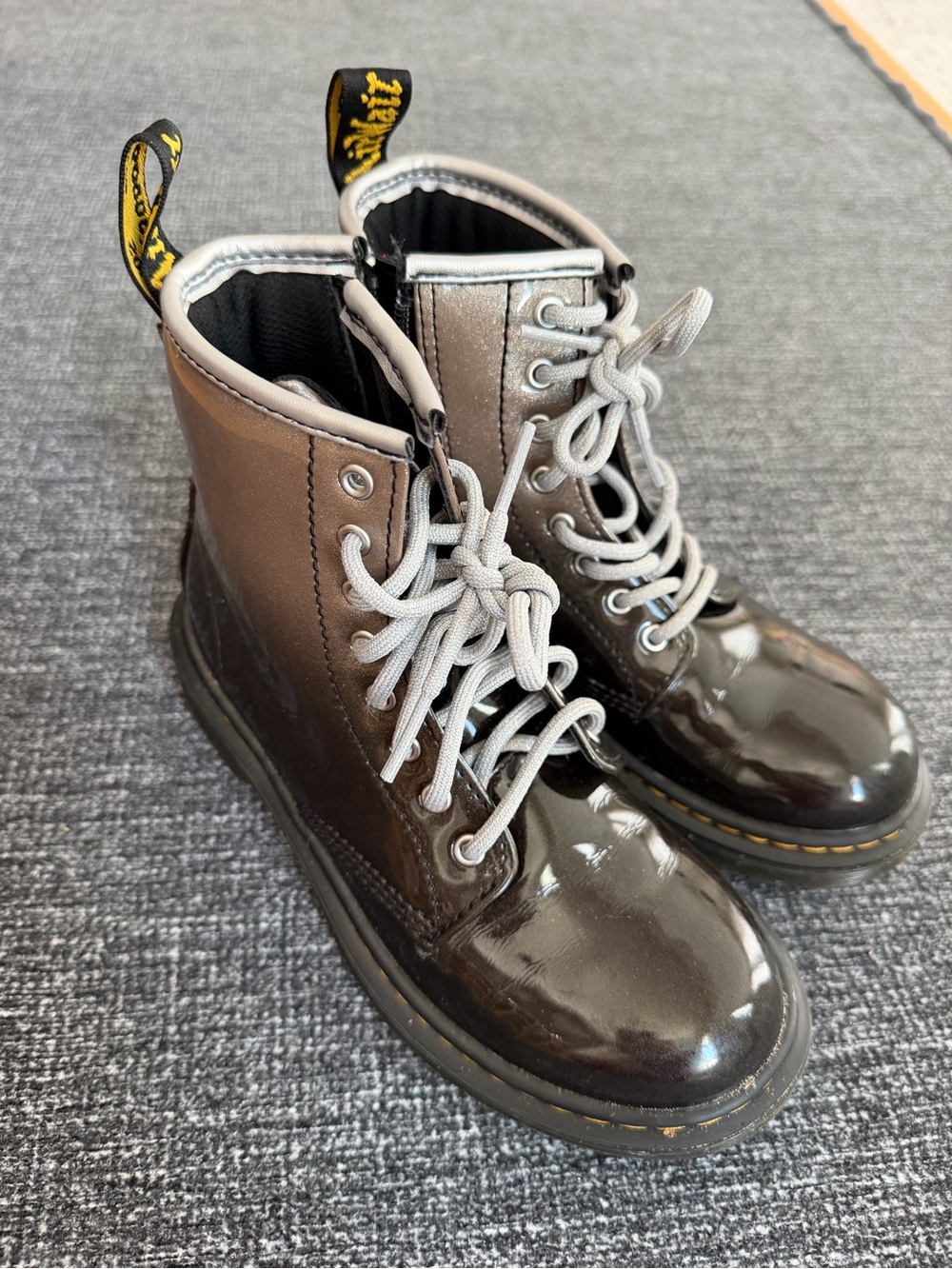 Dr. Martens Black Patent Leather Lace-Up Boots with Gray Laces